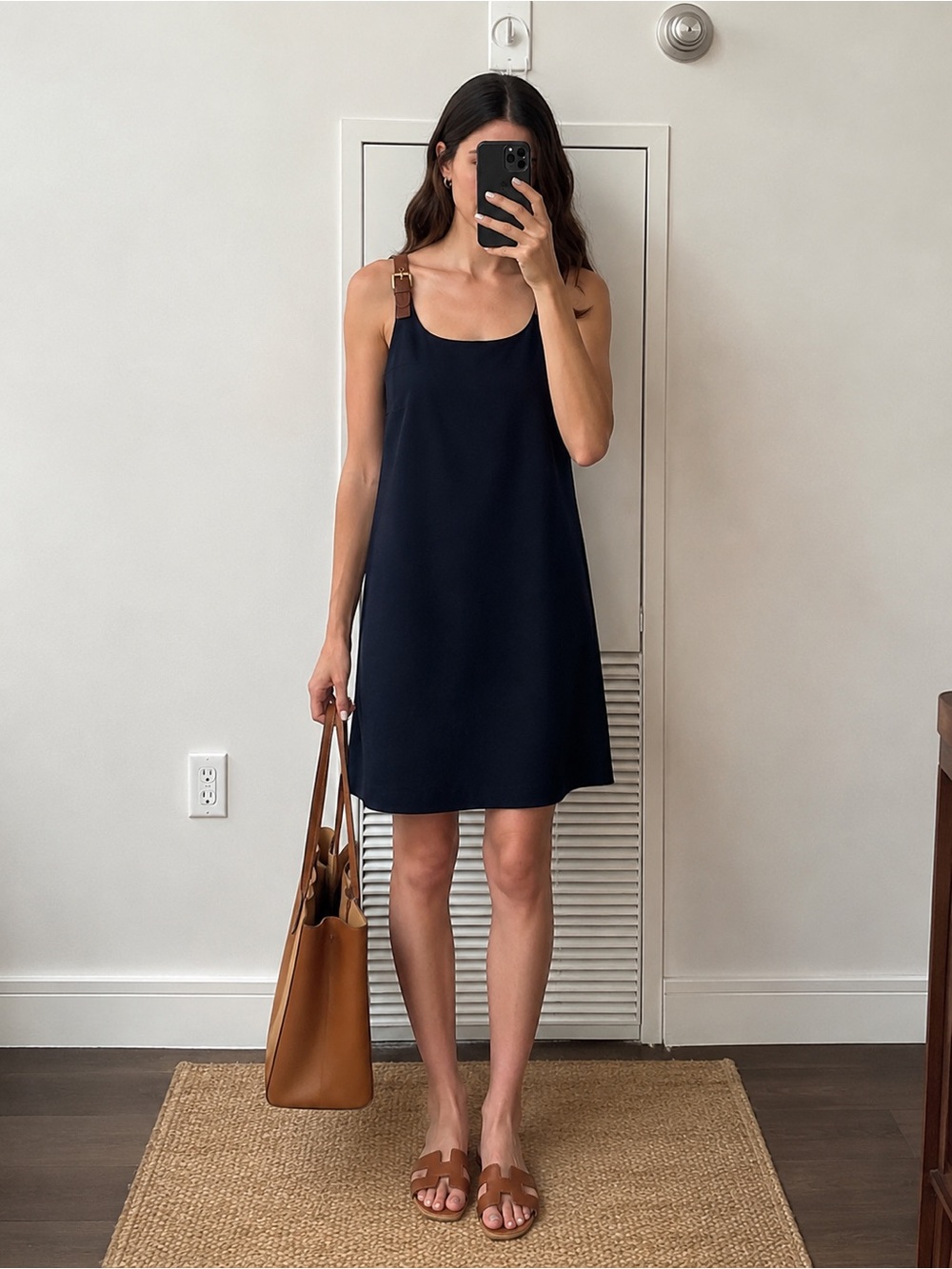 MICHAEL Michael Kors Navy Dress with Brown Leather Strap and Gold Buckle